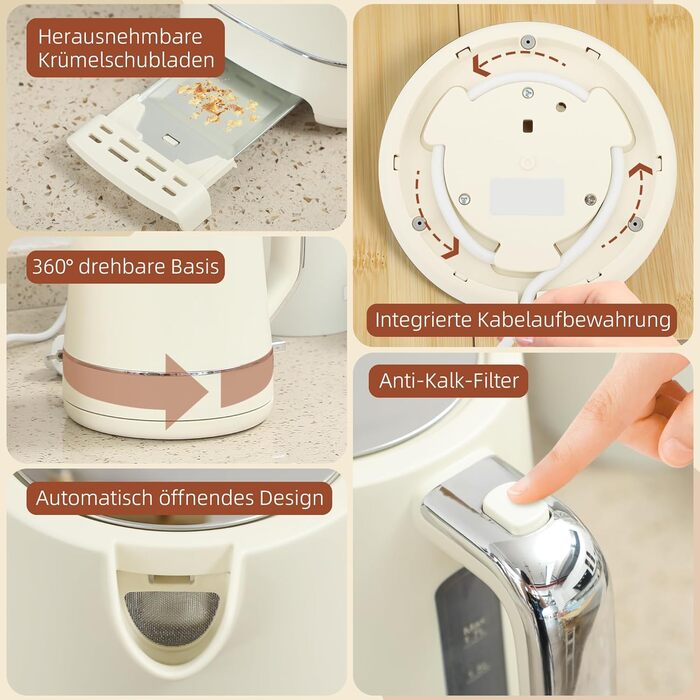 Комплект чайника та тостера HOMCOM 2200 Вт 1,7 л, тостер на 2 скибочки, 6 рівнів підрум&39янення, функція розігріву та розморожування, набір для сніданку з фільтром від накипу та піддоном для крихт, термостат Otter UK (бежевий)