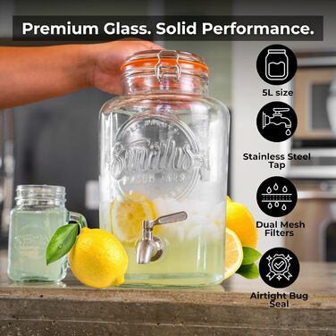 Скляний диспенсер для напоїв з краном 5 л Smiths Mason Jars
