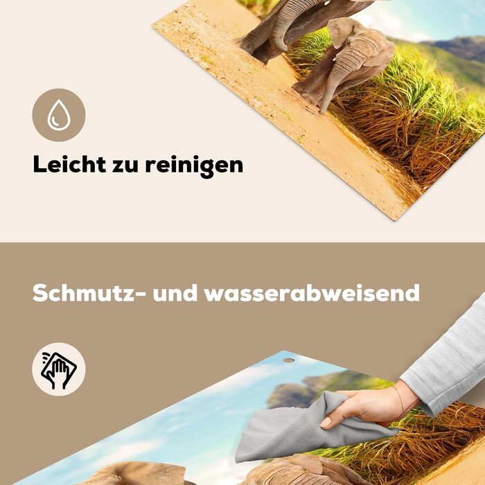 Фартух для плити, кухонний фартух, вініл, 78x52 см, декор для кухні, облицювання стіни, кришка для плити - сіро-чорна (слони - тварини, 52Д x 60Ш см)