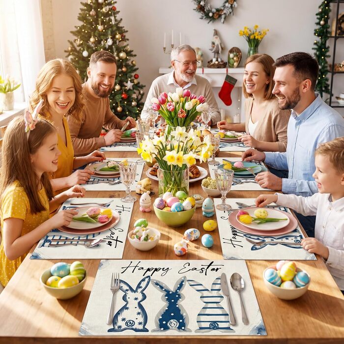 Великодні серветки &quotЩасливого Великодня&quot з коричневим кроликом, набір з 4 шт. , 32x45 см, весняний різдвяний килимок, серветки, що миються, прикраса для кухні-вечірки (синій, 32 x 45 см)