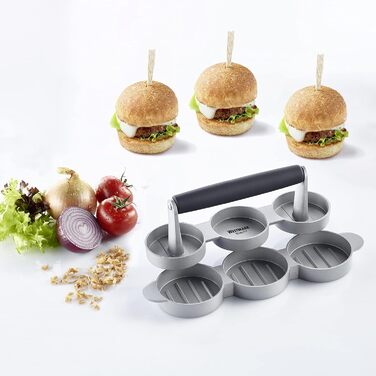Гамбургер Westmark з підйомником - Ø 12 см Прес для бургерів можна наповнити завдяки вигину дна підйомника, алюміній/пластик, Uno Plus, (сріблястий/чорний) (набір міні-бургер)