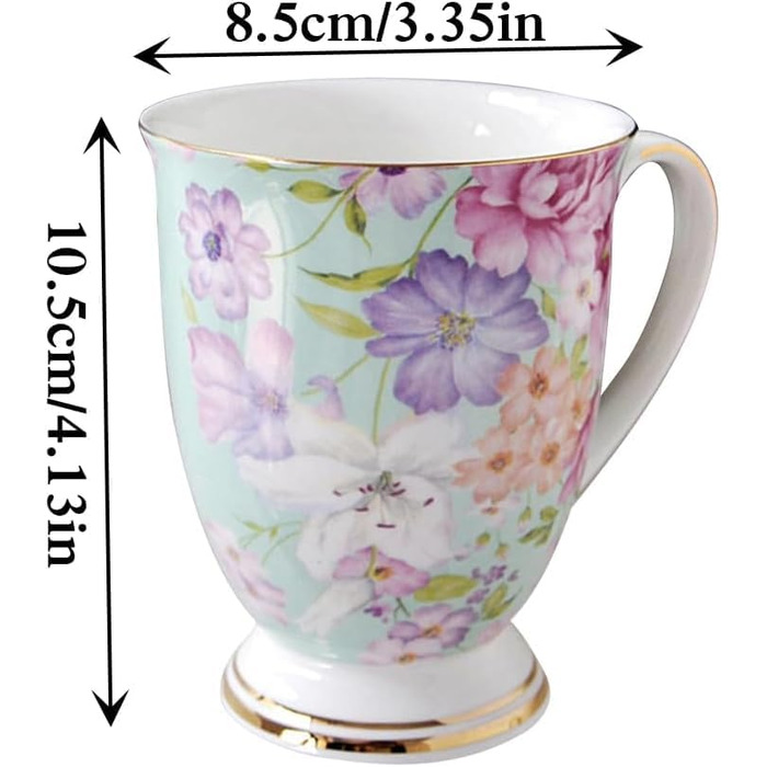 Набір із 2 порцелянових кавових кухлів, квітковий візерунок, 300 мл, кістоподібні, у формі підборіддя, з ручкою для кави, чаю, молока, капучино (C)