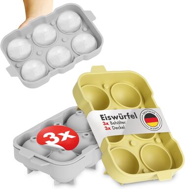 Силиконовые формочки для льда на 6 шариков XXL с крышкой, набор 3 предмета, серый/желтый Blumtal