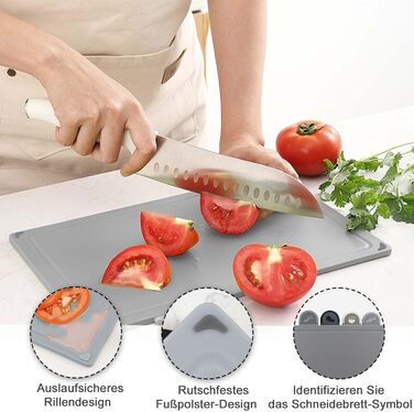 Набір обробних дощок BOCHION, пластикові дошки з іконками продуктів та піддоном, нековзні та без BPA, антибактеріальні дошки для риби, овочів, фруктів, мяса, хліба (набір з 4, чорний, білий, сірий)