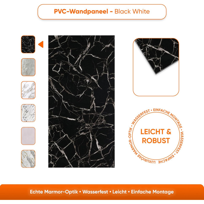 Стінові панелі IZODEKOR під мармур 60x120 см Панель для кухонного фартуха ПВХ-облицювання стін для кухні, ванної кімнати Бризкозахисний екран для кухні Водонепроникний та термостійкий (4 панелі 4 монтажних клею, чорно-білий)