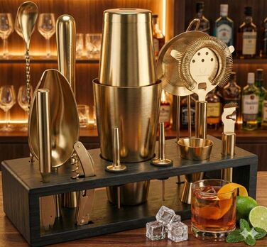 Набір бармена з чорною бамбуковою підставкою 11 предметів Highball & Chaser