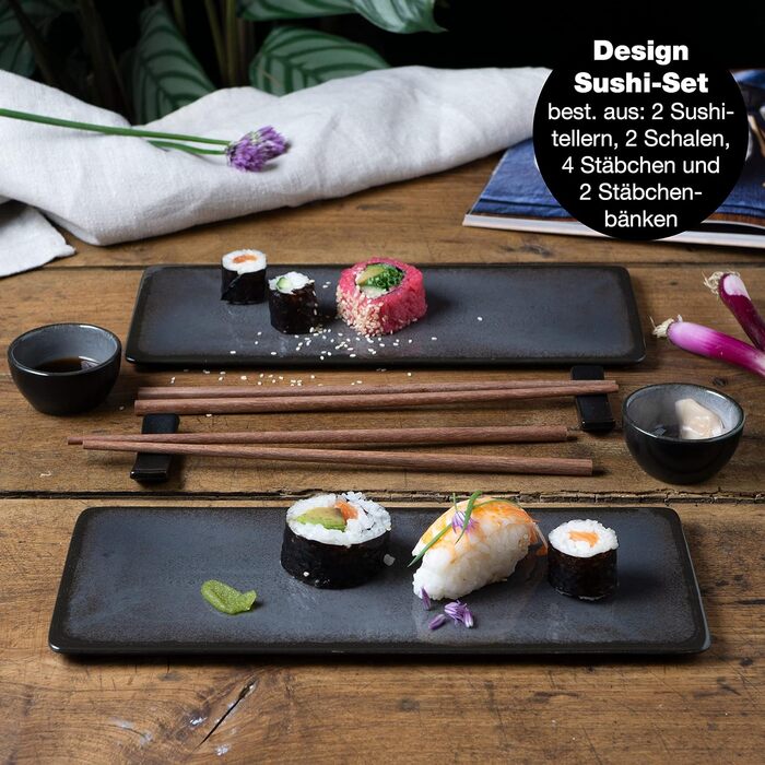 Набор посуды для суши на 2 персоны - Сервировочный набор для суши с 2 тарелками для суши, мисками для соуса и палочками для еды серый, 10 шт., - Mness aptieka