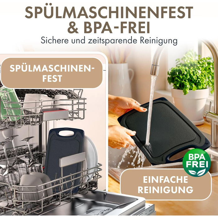 Набір обробних дощок Blumtal 3 розміри (S/M/L) - Велика пластикова обробна дошка з пазами для соку та ручкою - Міцна кухонна обробна дошка без BPA (сіра, комплект з 3 предметів)