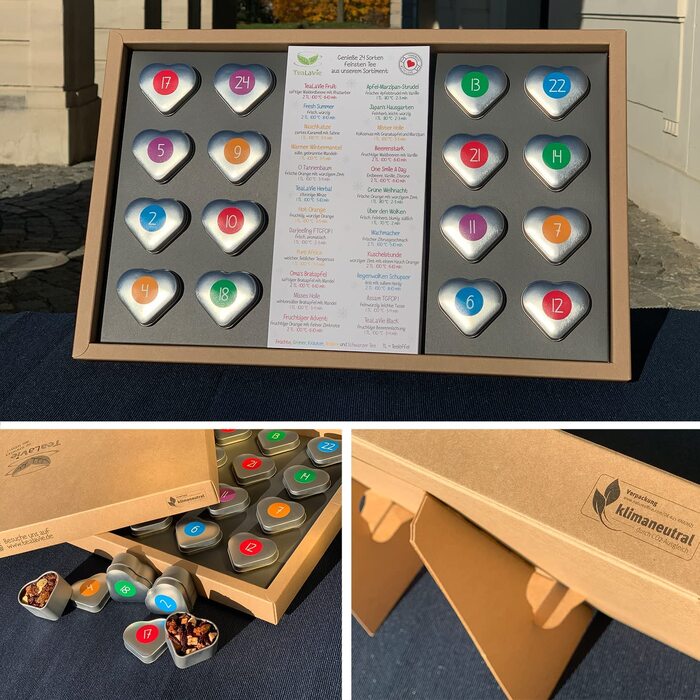 Чайний адвент-календар 2025, 24 сорти чаю в бляшанках у формі сердечок TeaLaVie