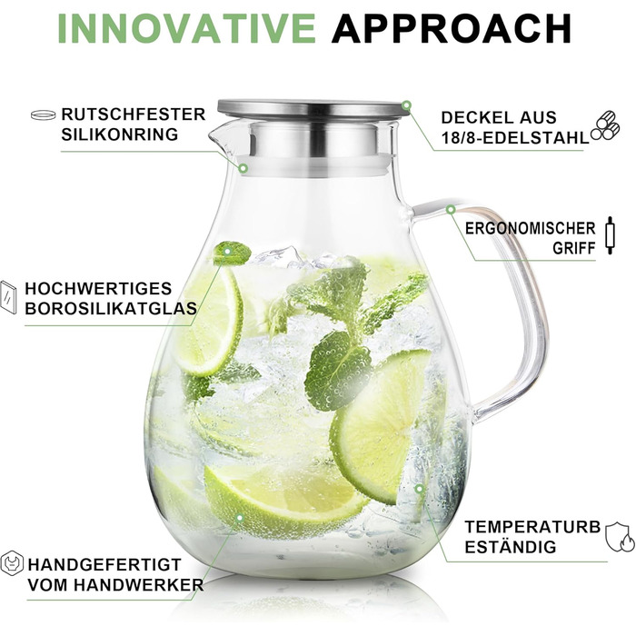 Скляний глечик з кришкою та широкою ручкою та щітка для чищення 2,5 л SUSTEAS