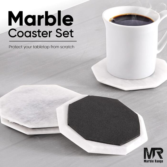 Підставки під чашки з мармуру з підставкою, 8.9 см, з оніксу, ручної роботи, для офісу, напоїв, кави та бару, на обідній стіл, набір з 6 шт. (Білі)
