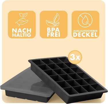 Силіконові формочки для льоду Blumtal, набір з 3 шт. - форма для льоду на 24 кубики з кришкою - силіконова форма для льоду без бісфенолу А - форма для льоду, безпечна для харчових продуктів - сіро-блакитна великі кубики (чорна, великі кубики)