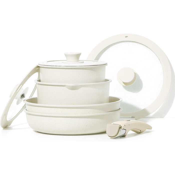 Набір кухонного посуду зі скляними кришками та знімною ручкою,  8 предметів, білі Carote