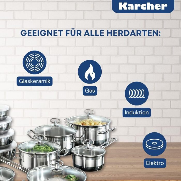 Набір посуду Karcher Jasmin, 20 предметів Набір посуду з нержавіючої сталі для індукції, включаючи скляні кришки Каструлі та сковорідки, придатні для миття в посудомийній машині та духовці Посуд для всіх типів плит з чашами з нержавіючої сталі