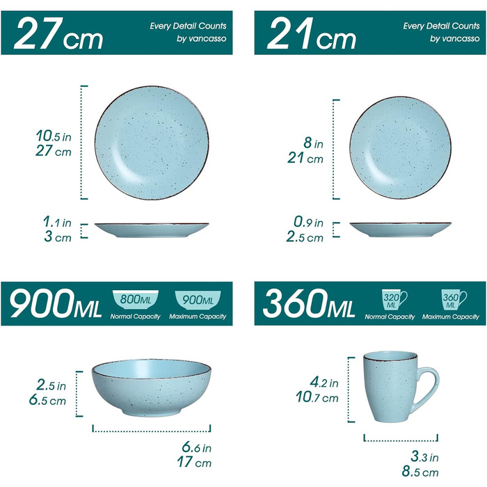 Столовый сервиз из керамогранита, набор посуды vancasso MODA, винтажный вид, комбинированный сервиз из 40 предметов с 8 тарелками, тарелками для тортов, суповыми тарелками, мисками и чашками каждая (синий, 16 шт. комбинированный сервиз)