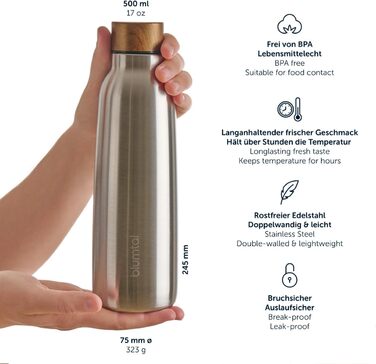 Пляшка для води Blumtal з нержавіючої сталі 500 мл - Герметична ізольована пляшка - Пляшка для води без бісфенолу А для гарячого та холодного використання - Двостінна ізольована пляшка - Ізоляційна пляшка, стійка до іржі, дерево/срібло 24 - дерево/срібло 