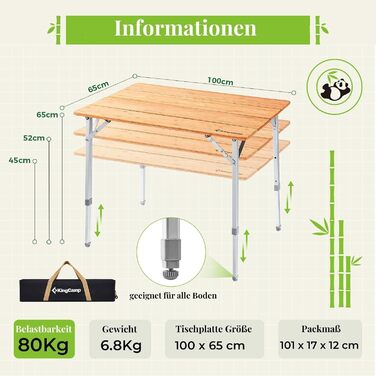 Складний бамбуковий стіл для кемпінгу 100 x 65 см KingCamp