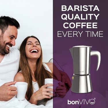 Кофеварка для эспрессо 100 мл на 2 чашки, серебристая хромированная bonVIVO