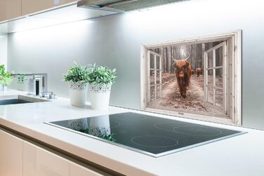 Панель кухонного фартуха, бризкозахисна панель, декор для кухні, алюмінієва панель, бризкозахисна панель для плити, альтернатива скляній панелі, чорна - з малюнком - суцільна - чорна - темна - (вид з вікна на шотландську високогірну худобу, 60x40 см)