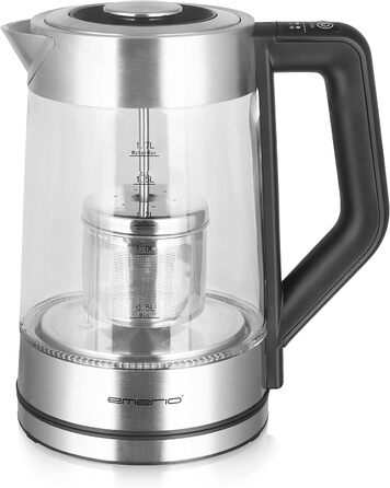 Скляний чайник Emerio WK-122248 ПЕРЕМОЖЕЦЬ ТЕСТІВ з повністю автоматичним чайним ситечком 1.3 класу, боросилікатне скло, без BPA, об&39єм 1.7 л, вибір температури, 2200 Вт, чорний/срібний (ручний)