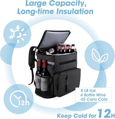 Велика 40-літрова герметична ізольована сумка-холодильник, рюкзак для пікніка з відкривачкою для пляшок, водонепроникна надлегка сумка-холодильник для кемпінгу, походів, барбекю, пікніків - чорна