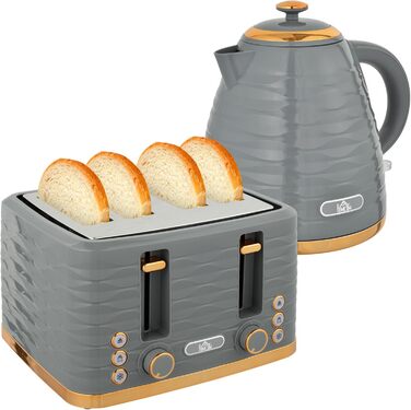 Набір для сніданку HOMCOM Kettle Toaster Set з чайником 1,7 л, тостером на 4 скибочки, 2200 Вт, 7 рівнів підсмажування, розморожуванням, розігріванням та піддоном для крихт, термостатом Otter, кремово-білим (сірим)