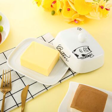 Маслянка з ручкою для 250 г вершкового масла, високоякісна кераміка, білий колір з квітковим та бджолиним візерунком, порцеляна, класична маслянка, дзвіночок для масла, маслянка, контейнер для масла, коробка для масла, можна мити в посудомийній машині (ка