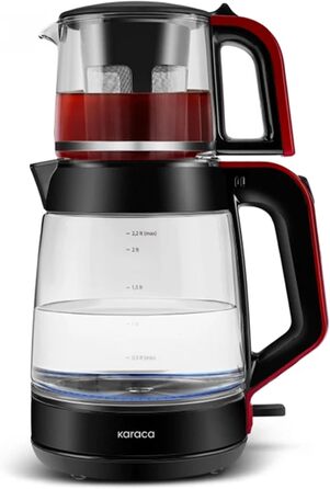 Чайник-чайник Karaca Glass Tea XL 2-в-1, колір сірий космос, скляний чайник обємом 0,9 л, скляний чайник обємом 2,2 л, основа, що обертається на 360, функція автоматичного підігріву, без BPA, потужність 1900 Вт (червоний)