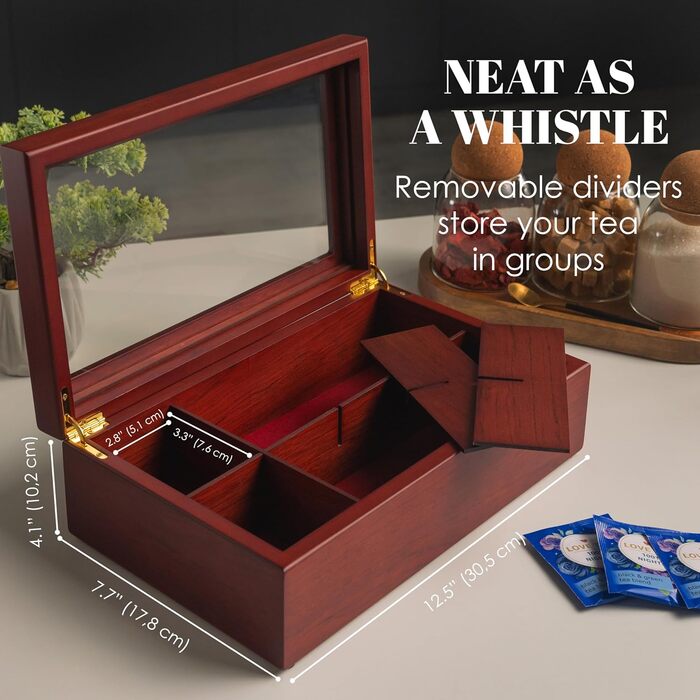 Чайна скринька від Apace Living - Розкішна дерев&39яна скринька для зберігання чаю - 8 відділень для зберігання чайних пакетиків - Чайна скринька ручної роботи з віконцем, стійким до подряпин - Елегантна скринька для зберігання чайних пакетиків (палісандр