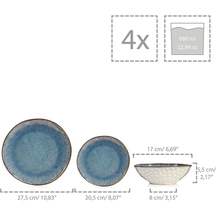 Набір посуду на 4 персони, 12 предметів, блакитний Amalfi Sänger