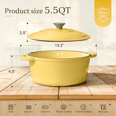 Чавунна форма для запікання Overmont Enamel - 26 см, придатна для використання в духовці, з кришкою та кулінарною книгою - для випікання, тушкування, запікання, білого кремового кольору (26 см-5,2 л, гусячий жовтий)