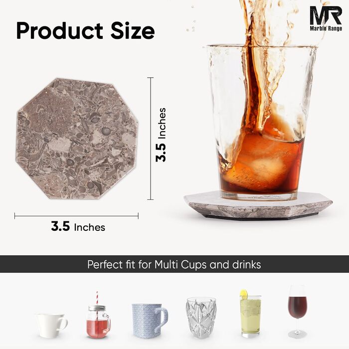 Підставки під чашки з мармуру з підставкою, 8.9 см, з оніксу, ручної роботи, для офісу, напоїв, кави та бару, на обідній стіл, набір з 6 шт. (Океанічний стиль)