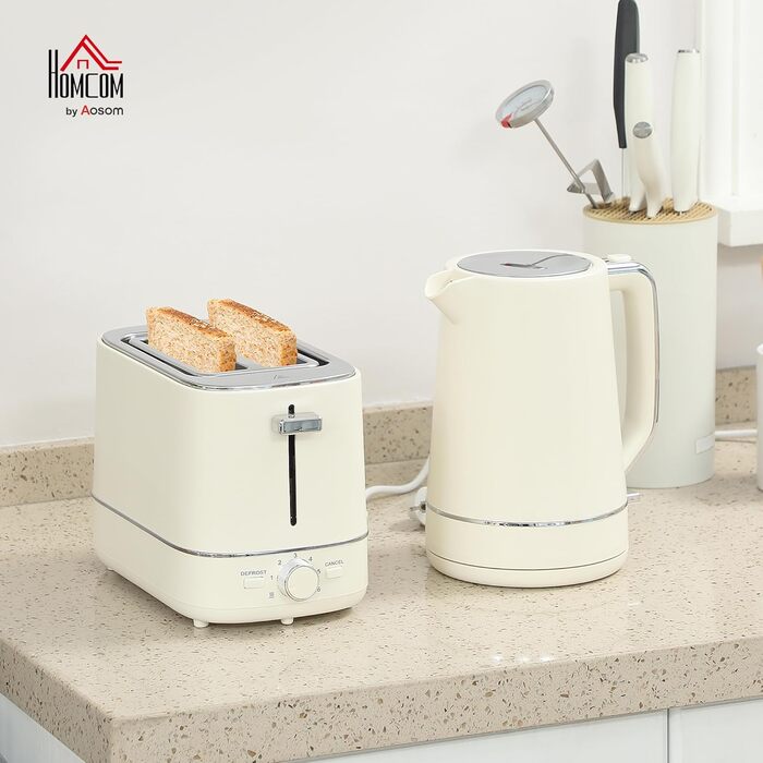 Комплект чайника та тостера HOMCOM 2200 Вт 1,7 л, тостер на 2 скибочки, 6 рівнів підрум&39янення, функція розігріву та розморожування, набір для сніданку з фільтром від накипу та піддоном для крихт, термостат Otter UK (бежевий)
