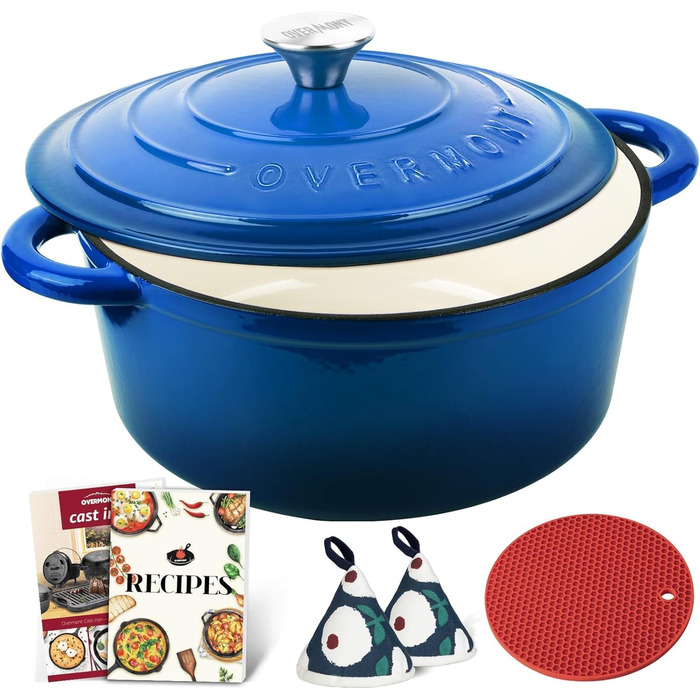 Чавунна форма для запікання Overmont Enamel - 26 см, придатна для використання в духовці, з кришкою та кулінарною книгою - для випікання, тушкування, запікання, білого кремового кольору (26 см-5,2 л, синього кольору)