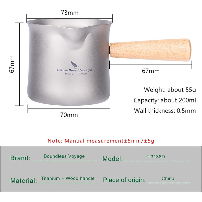 Безмежна подорож 200 мл Титанова чашка з дерев'яною ручкою Фільтр Глечик для спінювання молока Чашка для кави Кемпінг Подорожі Офісний чайний сервіз (Ti3139D-кухольфільтркришка) (Ti3138D-чашка)