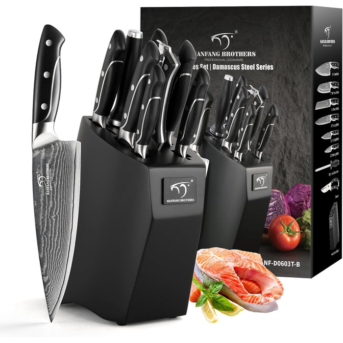 Набір кухонних ножів Damast 9er з блоком для ножів з бука, професійні кухарські ножі, набір кухонних ножів VG10 з гострими лезами