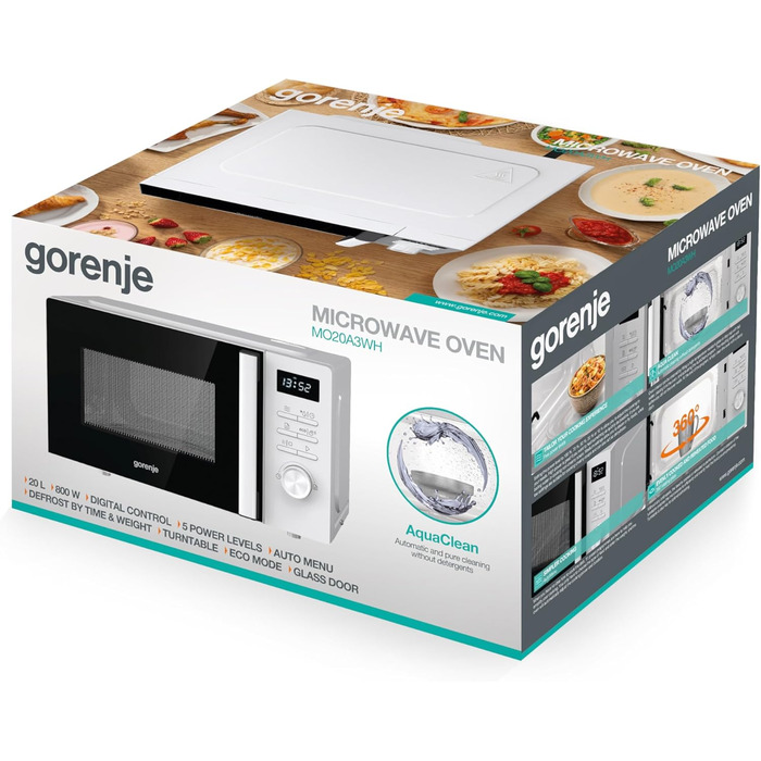 Мікрохвильова піч Gorenje MO20A3WH / 20 л / 800 Вт / AquaClean / AutoMenu / Сенсорне керування / LED дисплей / Функція розморожування / 5 рівнів потужності / Блокування від дітей / Електронна / Біла