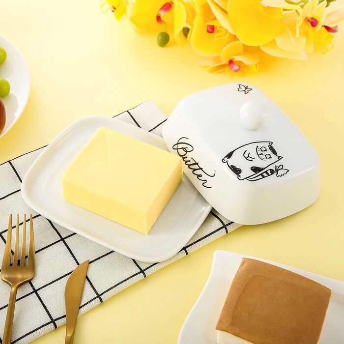 Маслянка з ручкою для 250 г вершкового масла, високоякісна кераміка, білий колір з квітковим та бджолиним візерунком, порцеляна, класична маслянка, дзвіночок для масла, маслянка, контейнер для масла, коробка для масла, можна мити в посудомийній машині (ка