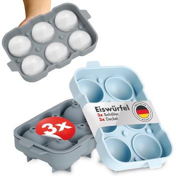 Силиконовые формочки для льда на 6 шариков XXL с крышкой, набор 3 предмета, cеро-голубой и светло-голубой Blumtal