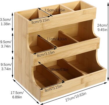 Тримач для чайних пакетиків з бамбука Qussse, 9 відділень, 3 рівні, органайзер для зберігання чайних пакетиків для дому, офісу, кафе, чайних будиночків