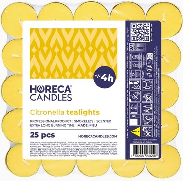 Свічки Horeca - Чайні свічки з цитронелою - Набір свічок, жовті - Ароматичні свічки з часом горіння 4 години - Для використання на вулиці, на балконі, в пікніку, на кемпінгу (25)