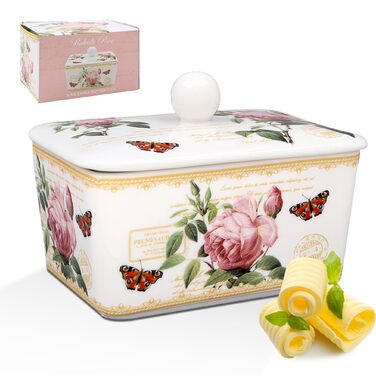 Маслянка з кришкою, китайська кераміка, з гарними акварельними мотивами, розроблена галереєю Дженніфер Роуз для Busy Bee (Redoute Rose)