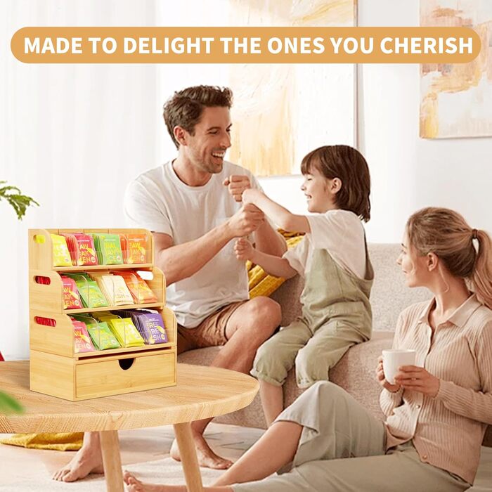Шаровий органайзер для чайних пакетиків з бамбука з 3 полицями, що штабелюються, та 1 шухлядою, попередньо зібрана коробка для зберігання чайних пакетиків, кавових капсул, підсолоджувачів, спецій на кухні чи в офісі, 4-