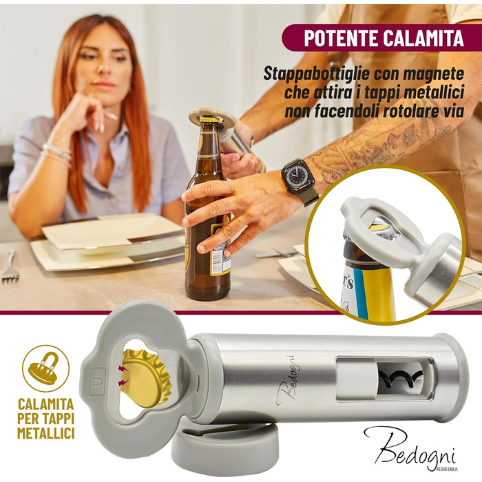 Штопор для вина та пива з магнітним утримувачем кришок Bedogni Reggio Emilia