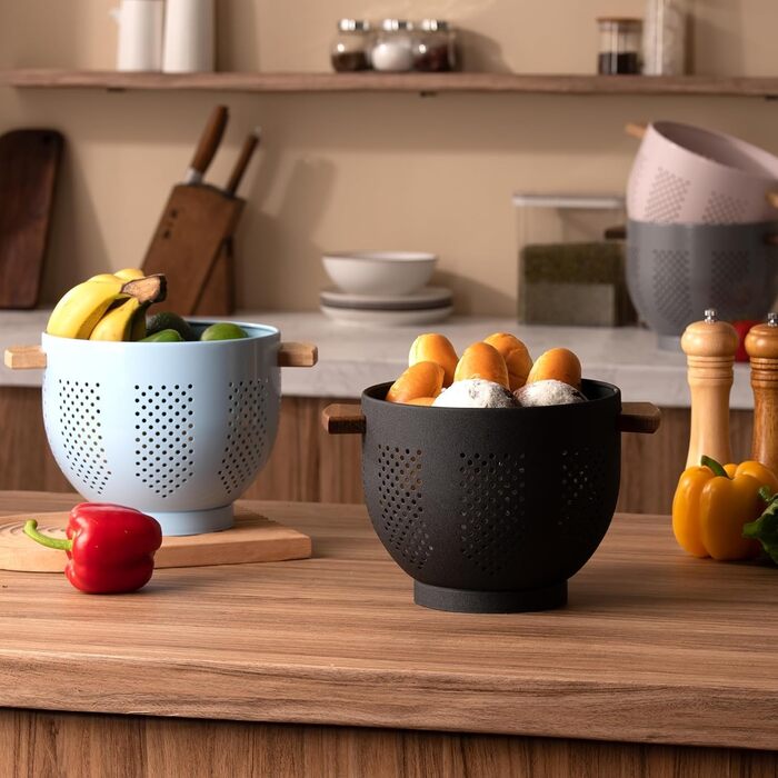 Металеве сито для пасти з дерев&39яною ручкою та стабільною основою, велике кухонне сито 22 см для пасти, овочів та фруктів, міцне кухонне сито (матово-чорне)