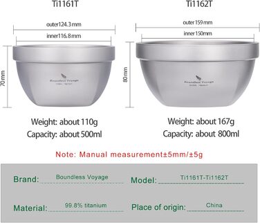 Набор титановых лоханок с двойными стенками 500 и 800 мл Boundless Voyage