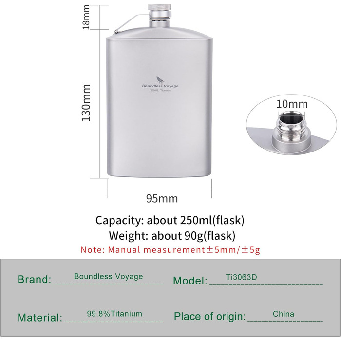 Мл Титанова стегнова колба Кишенькова пляшка для алкогольних напоїв Flagon Зовнішня плоска пляшка для алкоголю Кемпінговий ультралегкий винний горщик з лійкою Ti3061D (пляшка 250 мл-ti3063D), 200