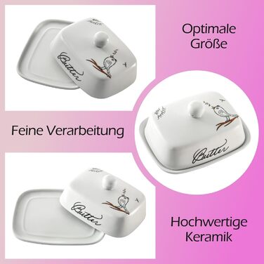 Маслянка з ручкою для 250 г вершкового масла, високоякісна кераміка, білий колір з квітковим та бджолиним візерунком, порцеляна, класична маслянка, маслянка, контейнер для масла, коробка для масла, можна мити в посудомийній машині (типу &quotптах&quot).