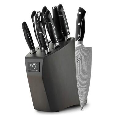 Набір кухонних ножів Damast 9er з блоком для ножів з бука, професійні кухарські ножі, набір кухонних ножів VG10 з гострими лезами (дуб)