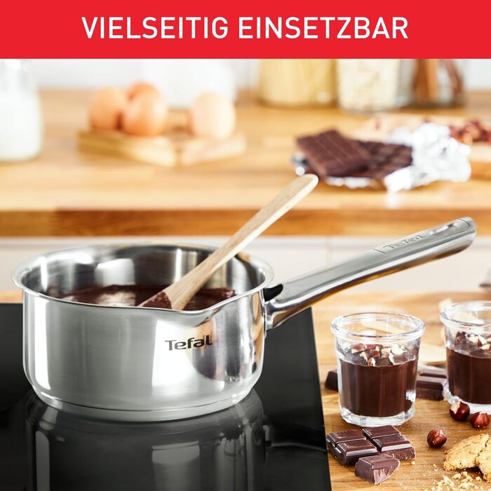 Каструля Tefal Duetto A70542 виготовлена з високоякісної нержавіючої сталі 18/10, градуйована, з кришкою, підходить для всіх типів плит, включаючи індукційні (Guisera 16 см)
